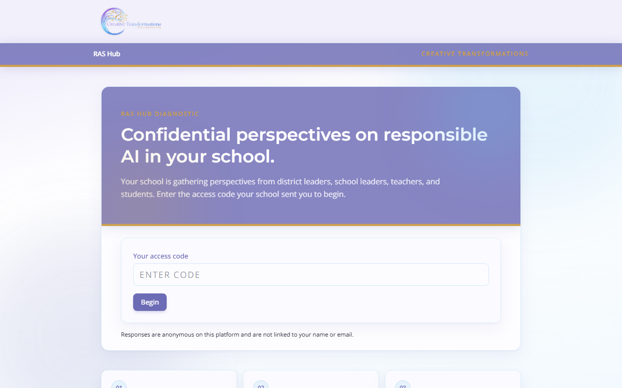 RAS Hub homepage — enter your school access code to begin the confidential AI diagnostic